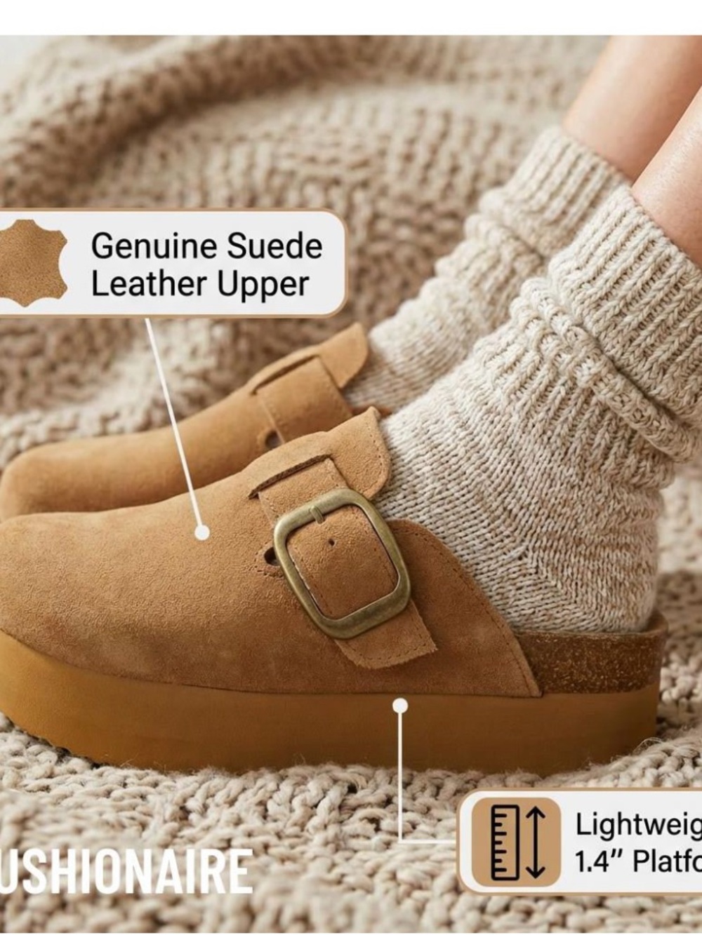 Suede Buckle Platform Clog Flats in Tan